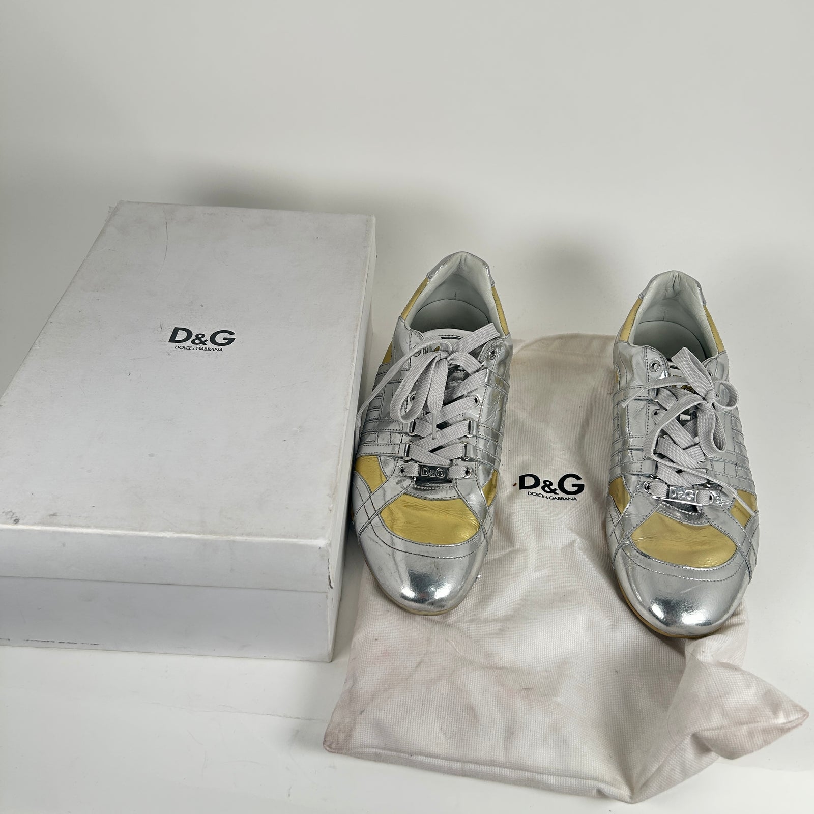 Dolce Gabbana Silver/Gold Cleat Style Low Top Sneaker Size 44