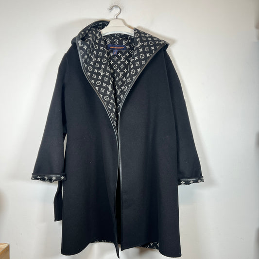 Louis Vuitton Black Monogram Hooded Wool Wrap Coat Size 40