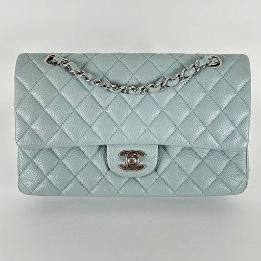 Chanel Light Baby Blue Quilted Caviar Medium Double Flap