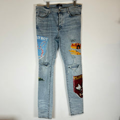 Amiri Playboy Magazine Distressed Lightwash Skinny Jeans Size 38