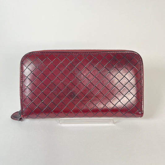 Bottega Veneta Burgandy Intercciato Zip Long Wallet