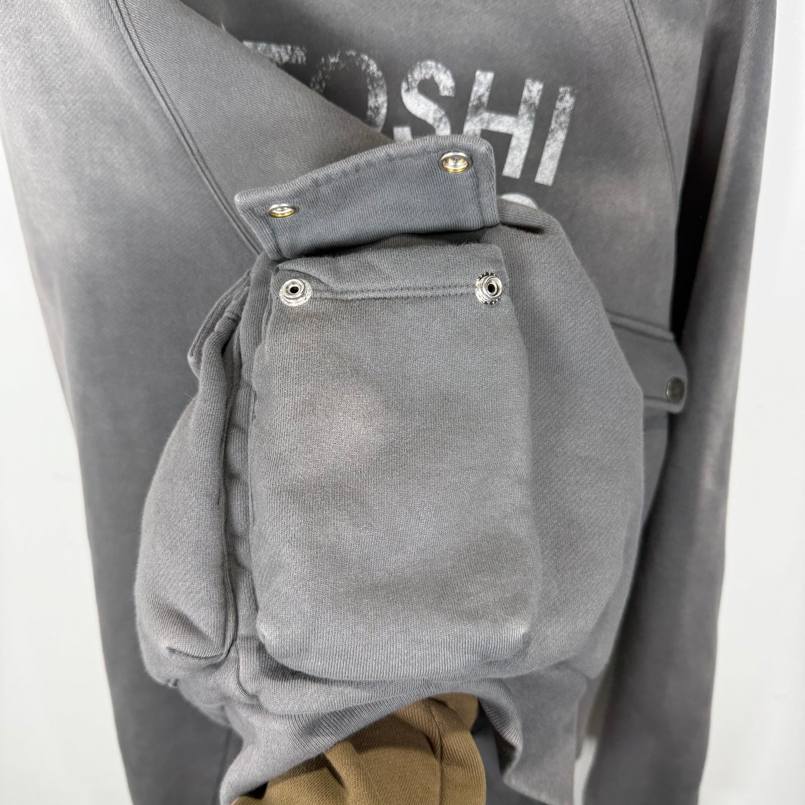 Satoshi Nakamoto Multi Cargo Pocket Faded Distressed Graphic Hoodie Size L