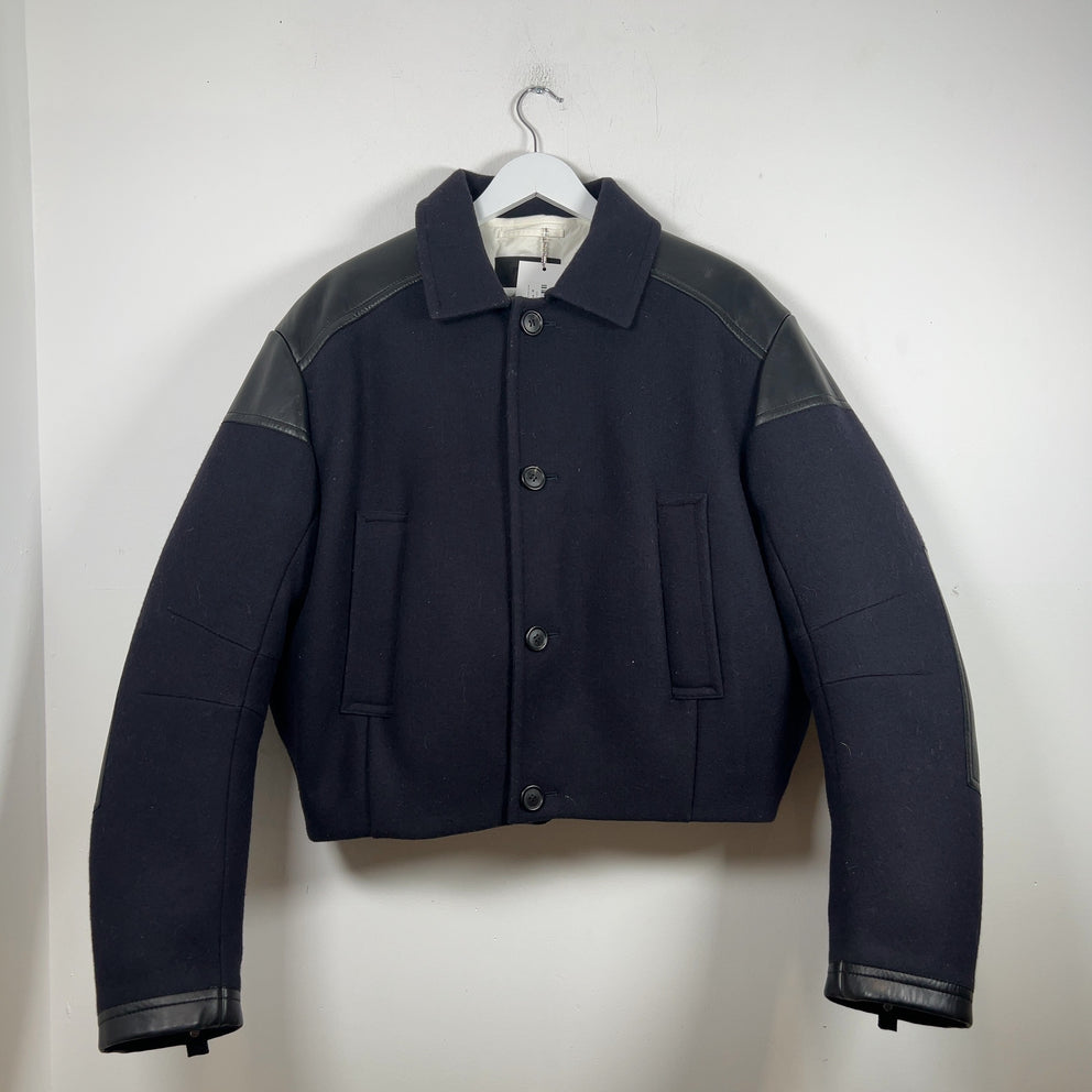 Prada Paneled Wool Down Lined Cropped Bomber Jacket