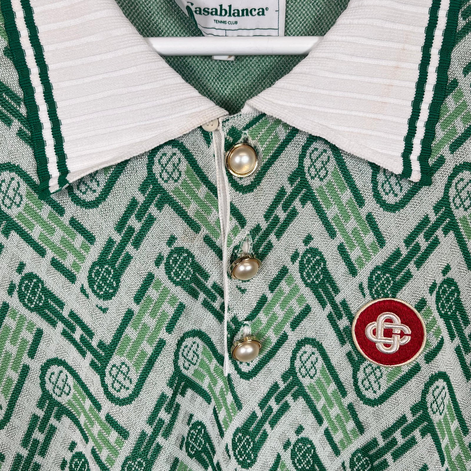 Casablanca Green Monogram Jacquard Knit Polo Size 2XL