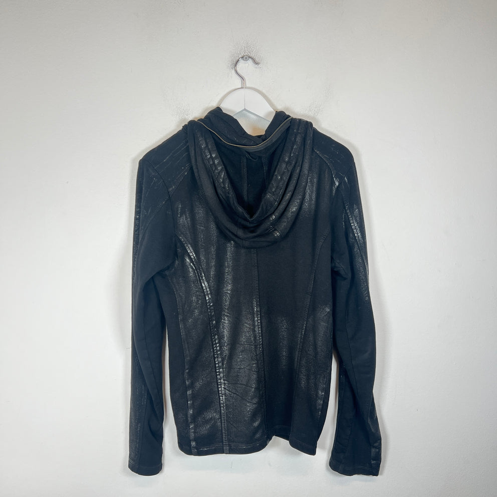 14th Addiction Black Waxed Asymmetrical Zip-Up Hoodie Size 1