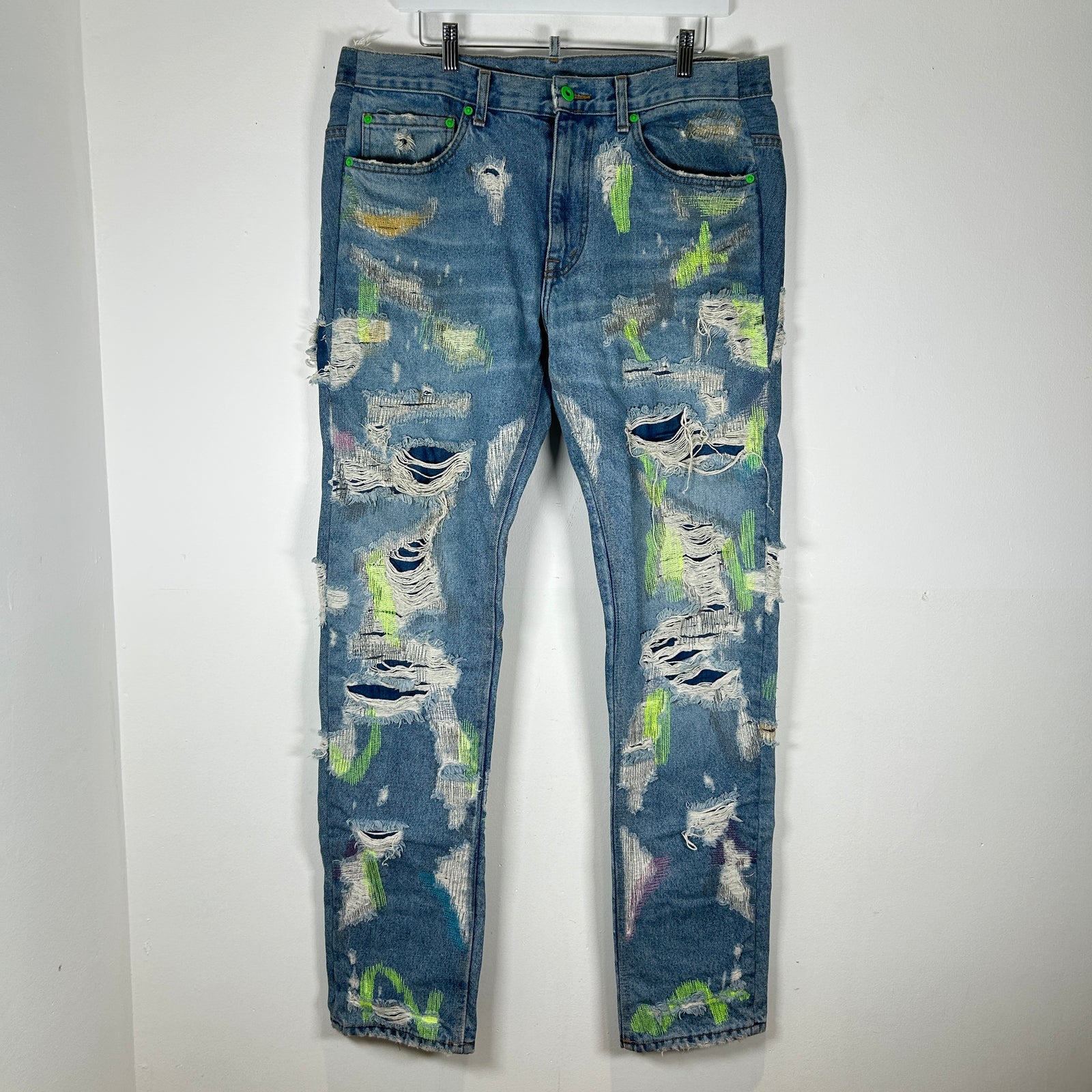 Endless Neon Green Embroidered Blue Denim Jeans Size 36