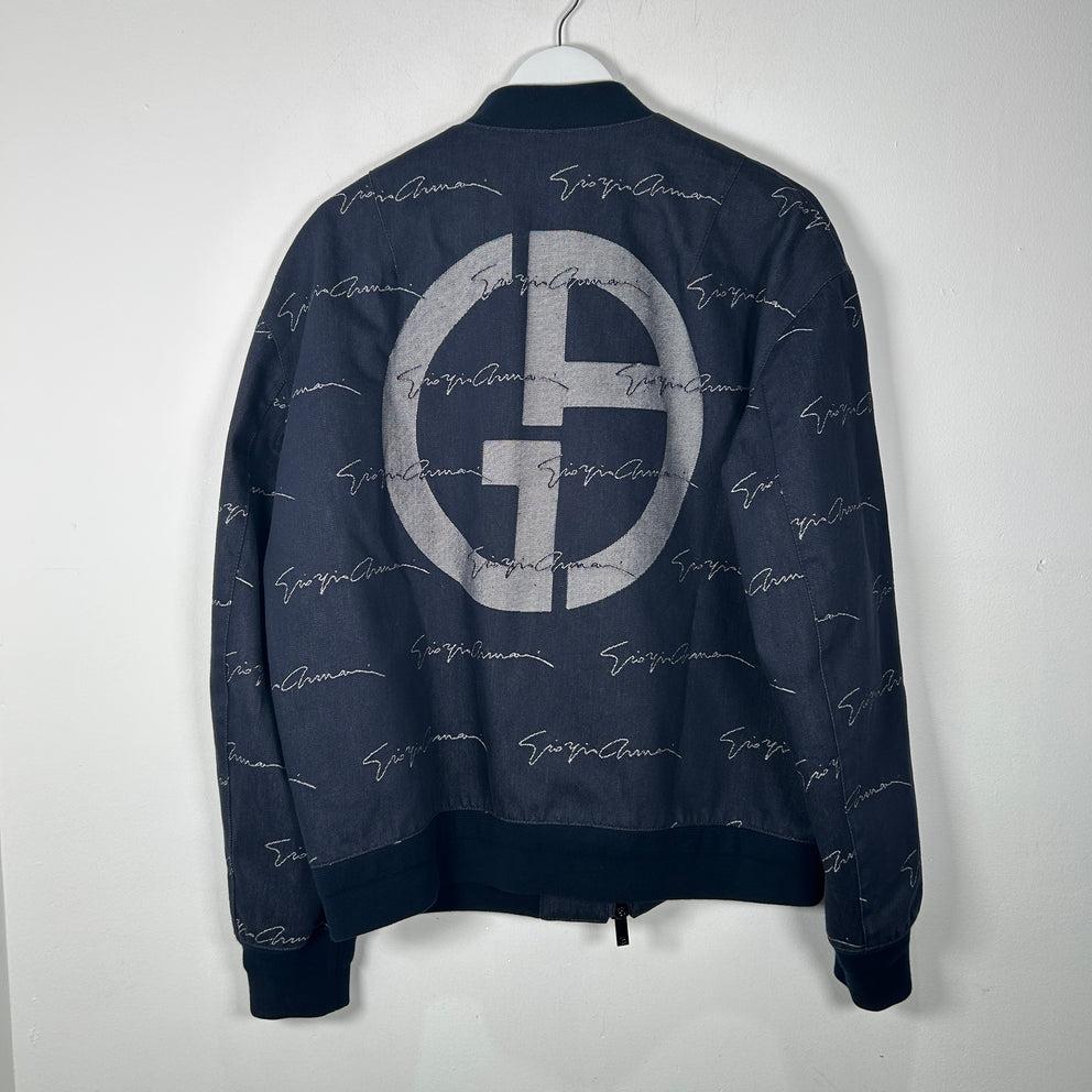 Giorgio Armani Navy All Over Logo Bomber Jacket Size 50