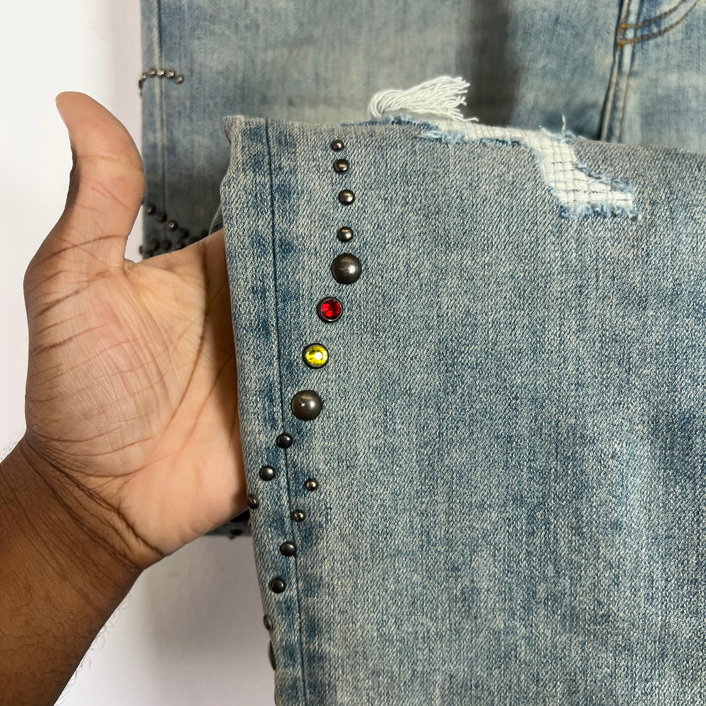 Amiri Light Indigo Floral Studded Denim Jeans