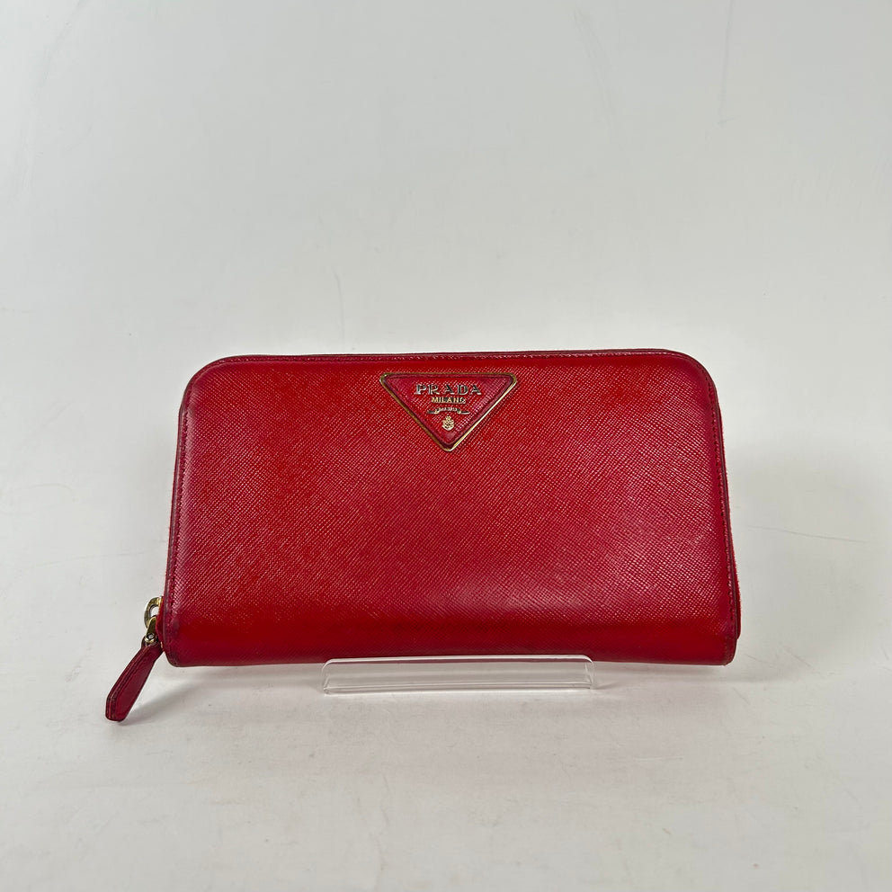 Prada Red Saffiano Zip Around Wallet