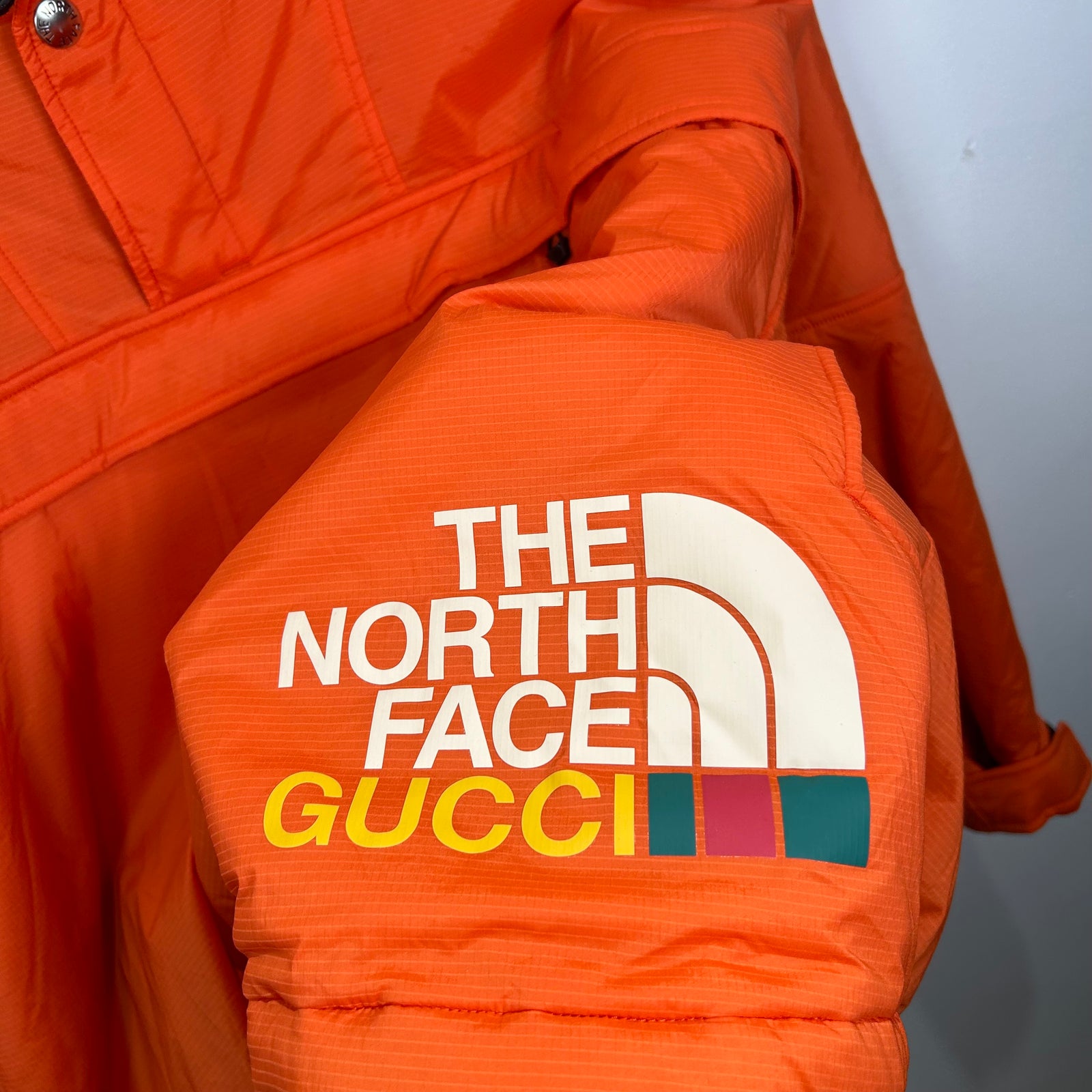 Gucci x The North Face Orange Graphic 1/2 Zip Anorak Puffer Jacket Size XL