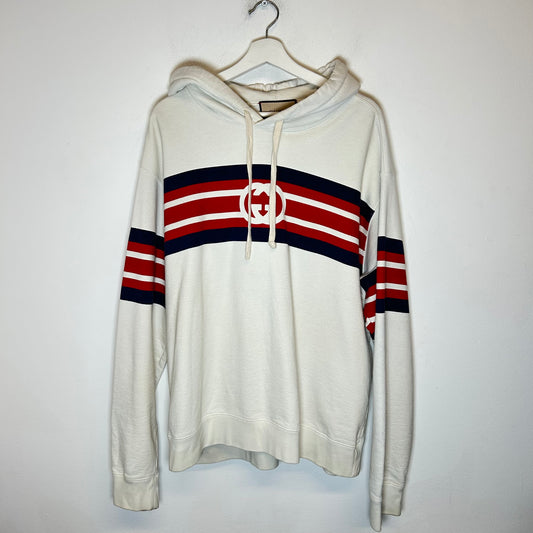 Gucci Cream Interlocking G Logo Striped Hoodie Size L