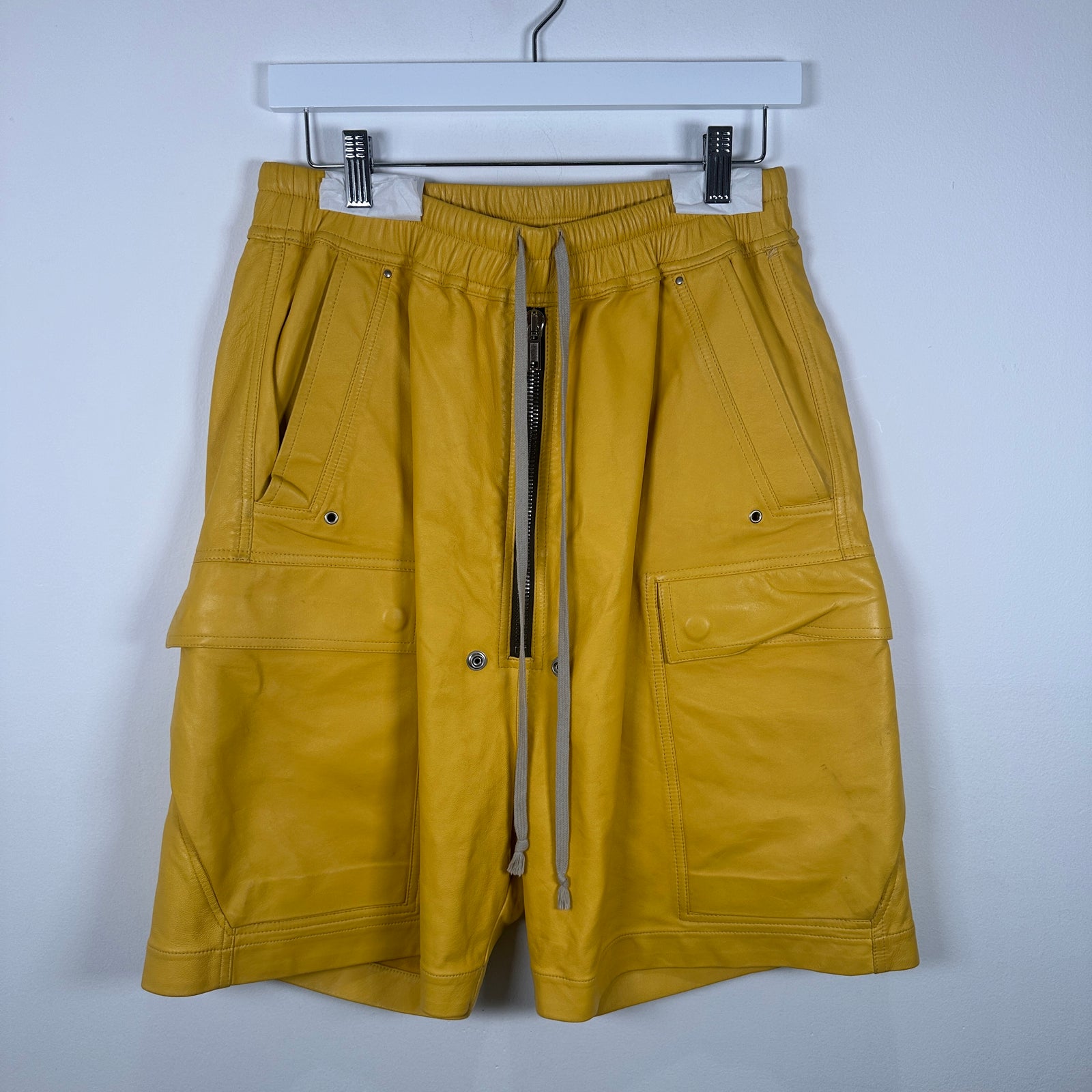 Rick Owens SS23 EDFU ‘Lemon’ Yellow Leather Bela Cargo Shorts Size M