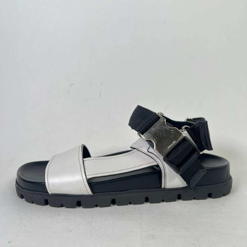 Prada Two-Tone Buckle Flat Sandals