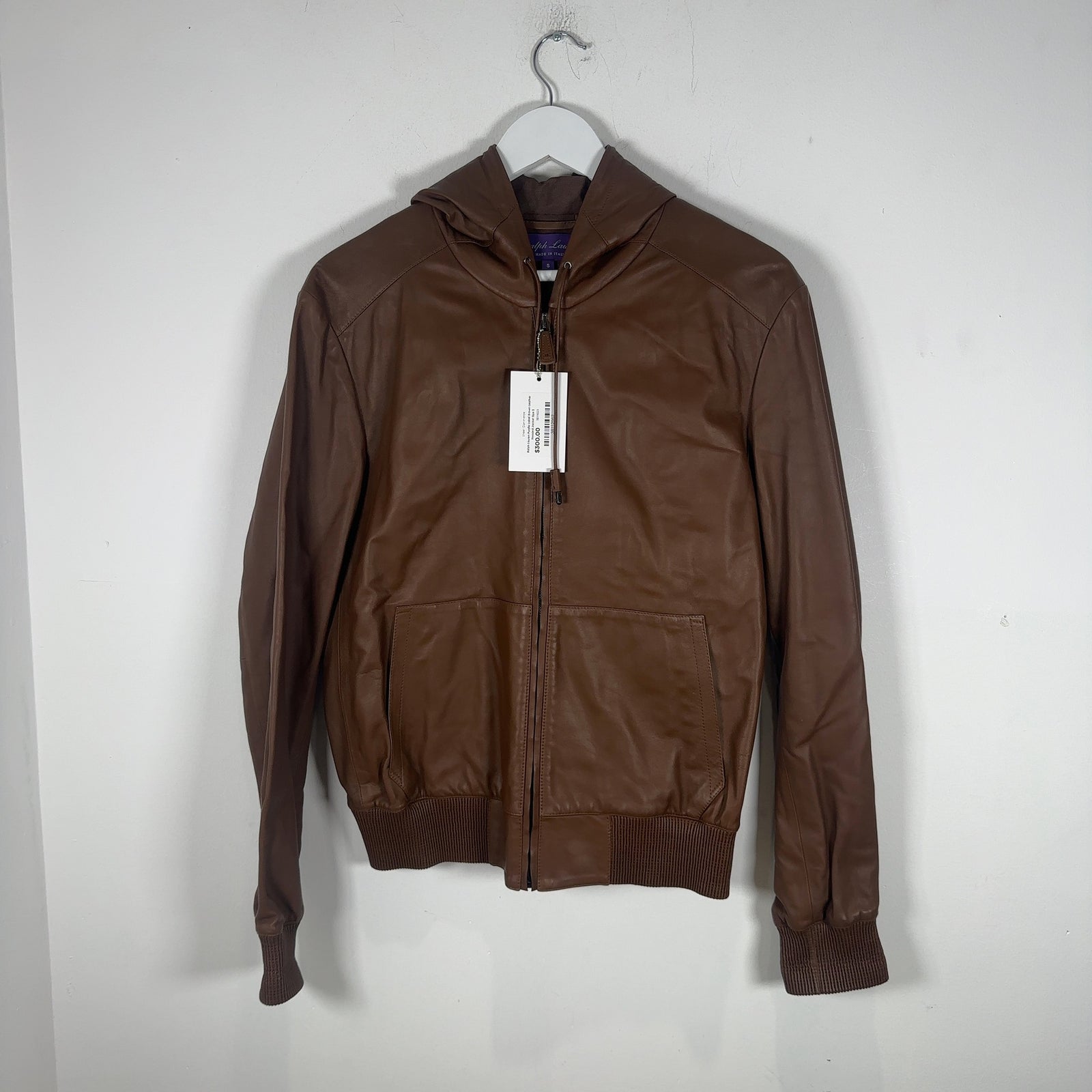 Ralph Lauren Purple Label Brown Leather Hooded Jacket Size S