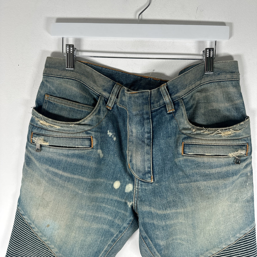 Balmain Distressed Biker Light Wash Jeans