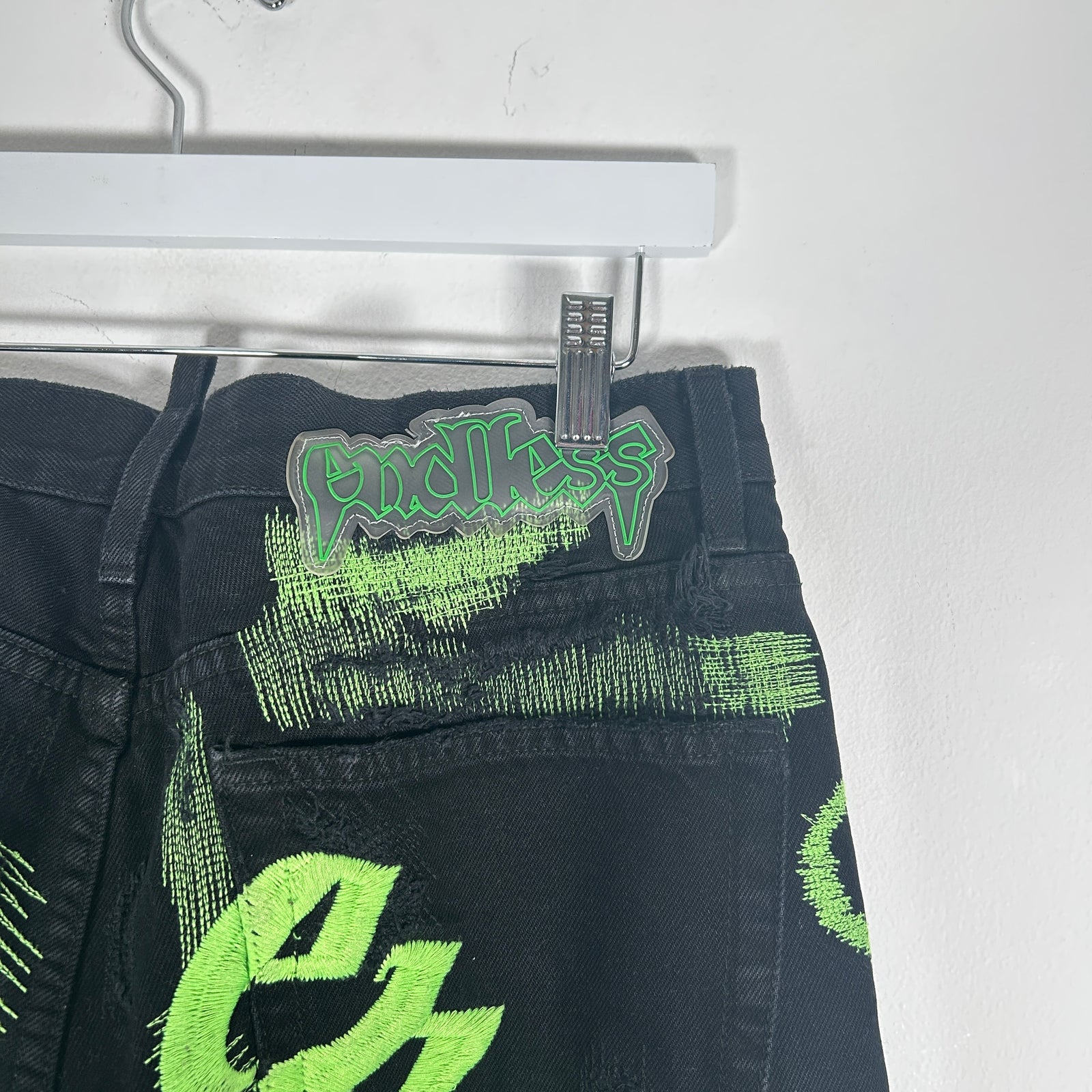 Endless Black/Neon Green Embroidered Denim Jeans Size 32