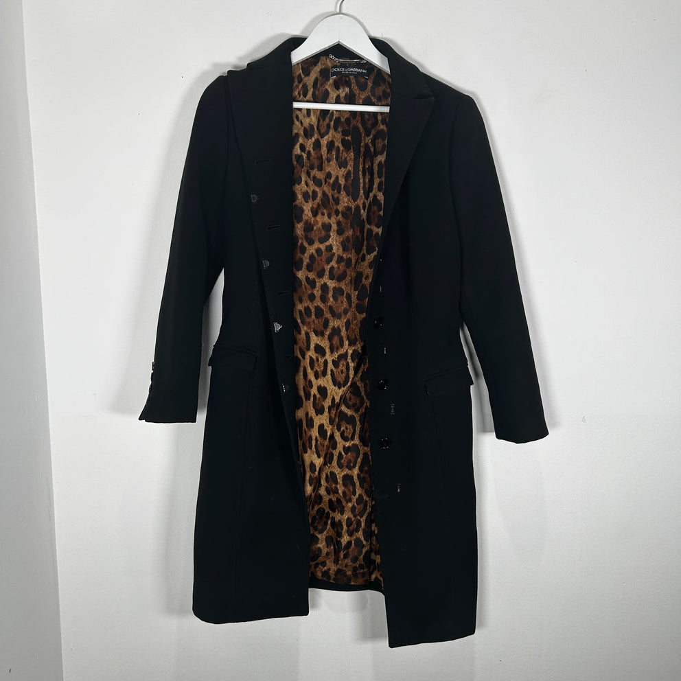 Dolce & Gabanna Black Cheetah Lined Trench Coat Size S
