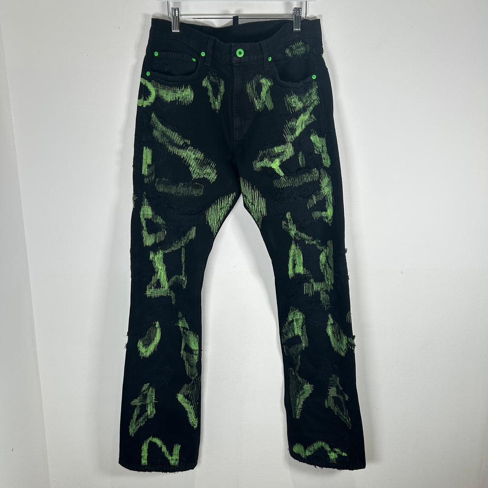Endless Black/Neon Green Embroidered Denim Jeans Size 32