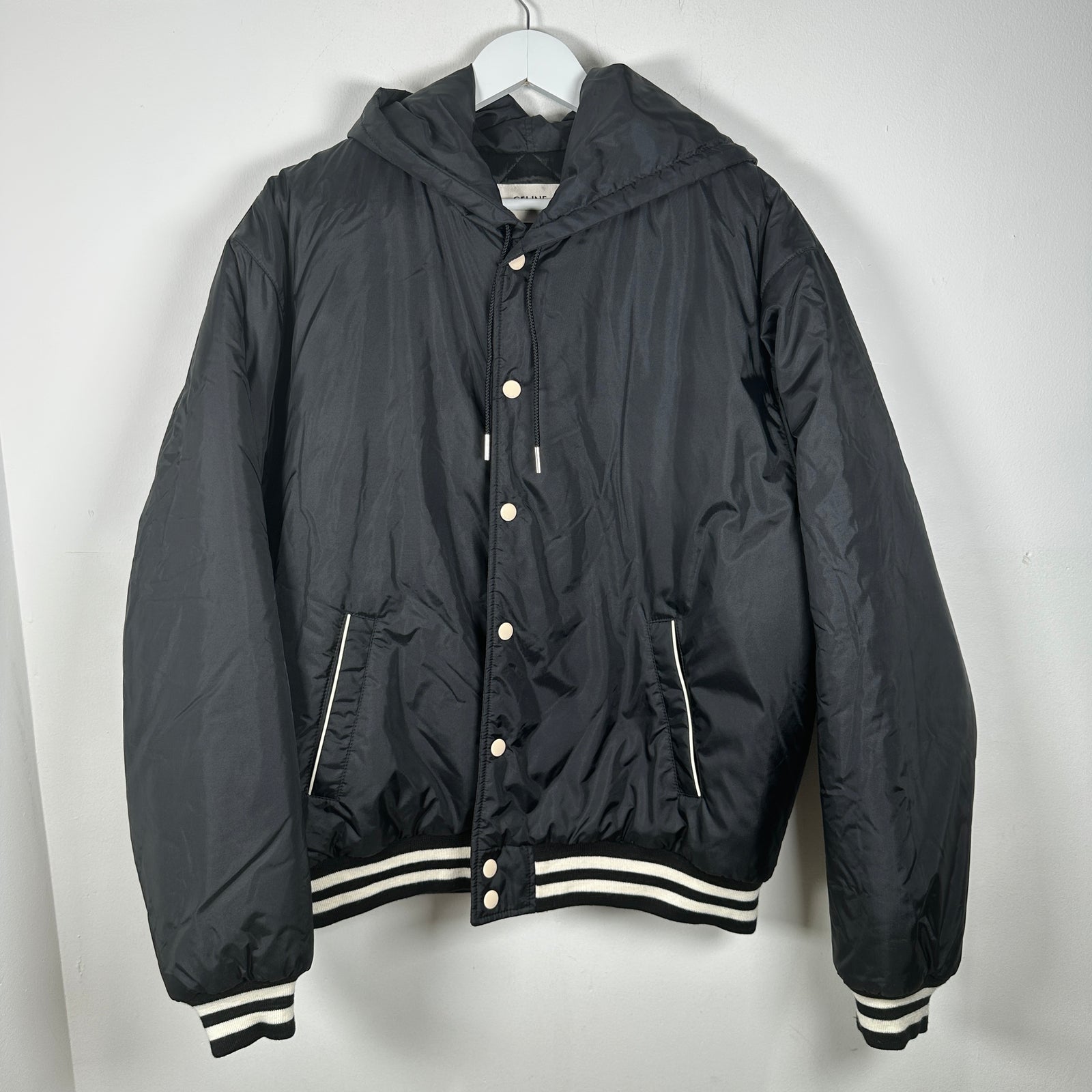 Celine Black Nylon Varsity Hooded Jacket Size L