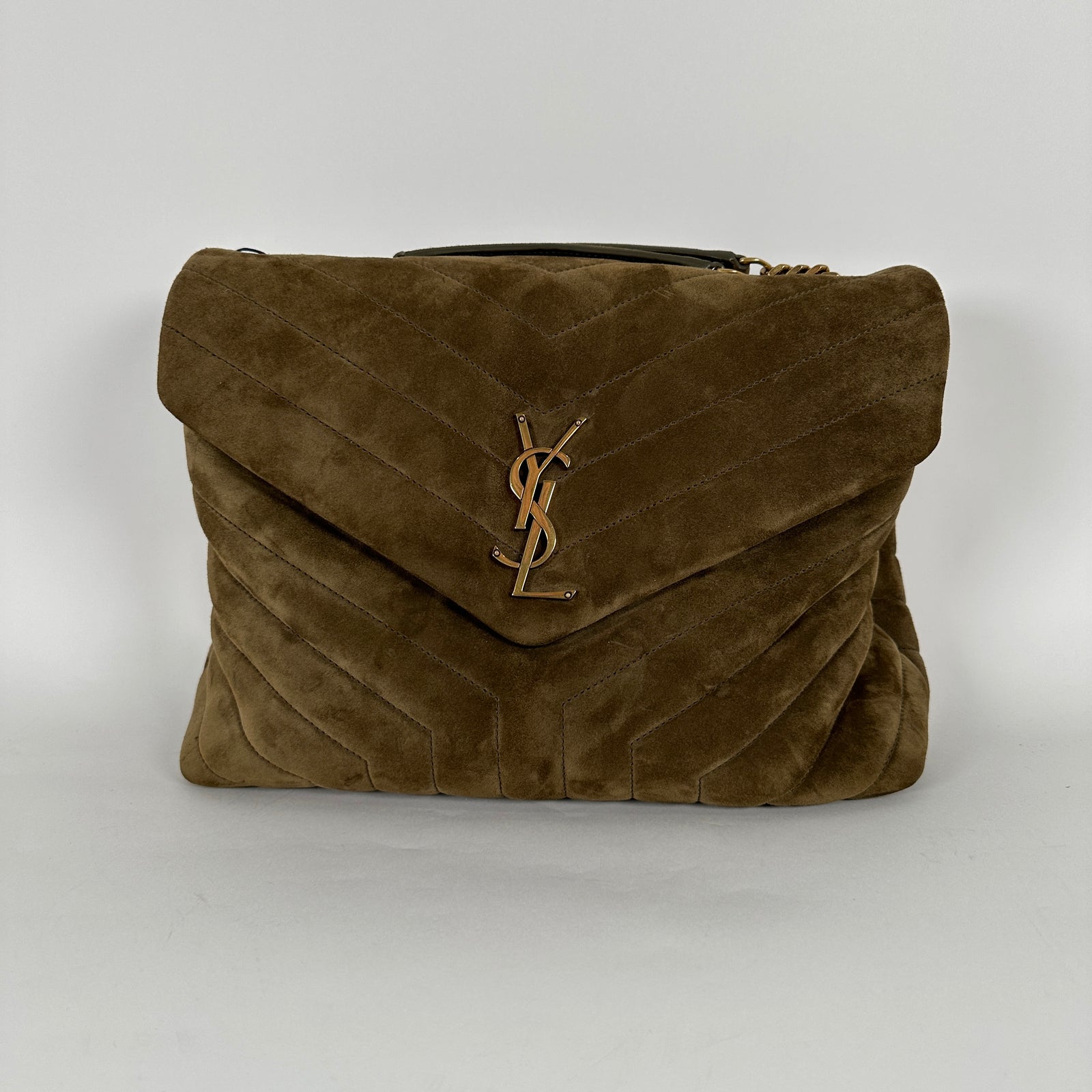 Saint Laurent LouLou Khaki Medium Suede Flap Shoulder Bag