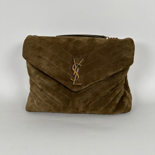 Saint Laurent LouLou Khaki Medium Suede Flap Shoulder Bag