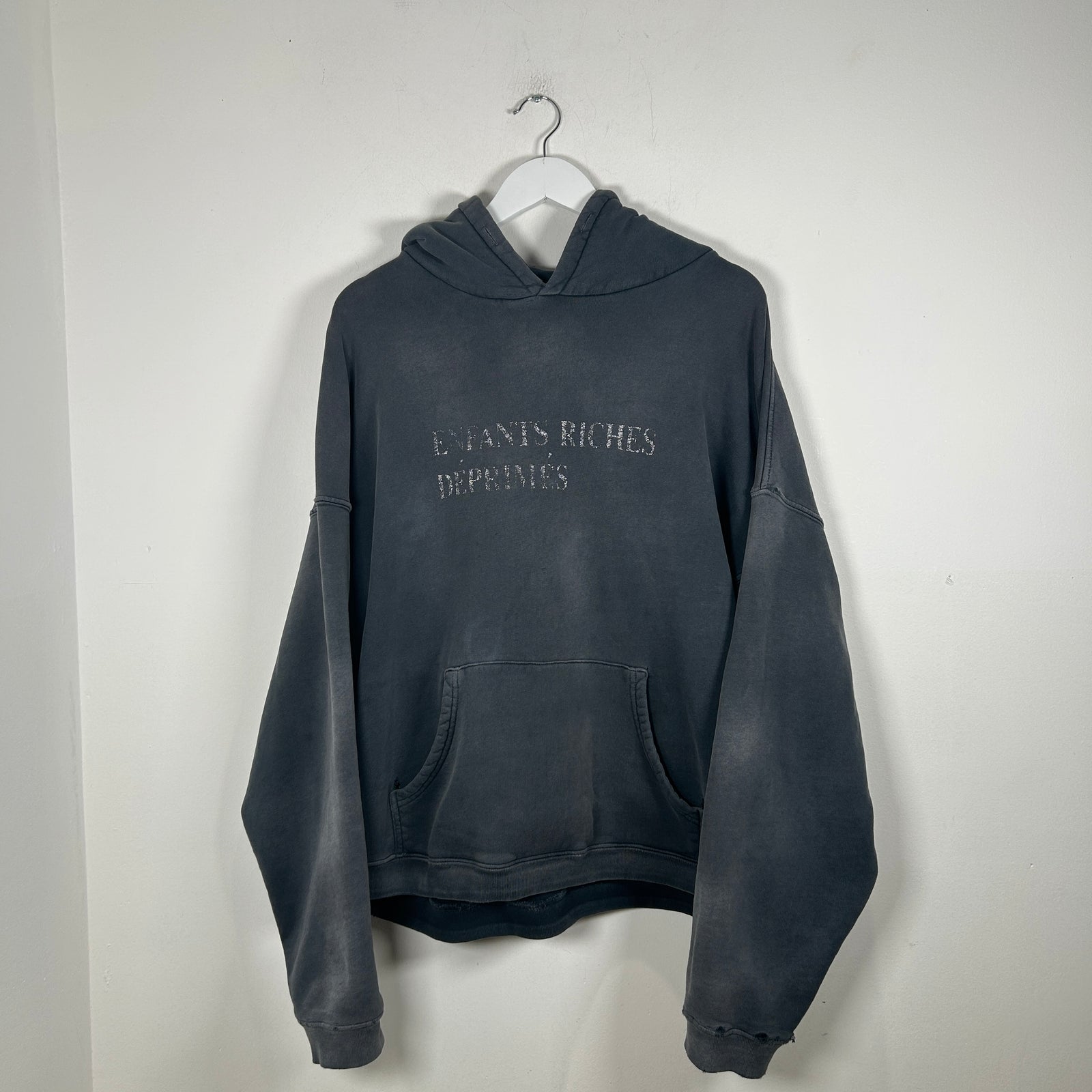 Enfants Riches Deprimes Distressed Grey Washed Logo Hoodie Size XL