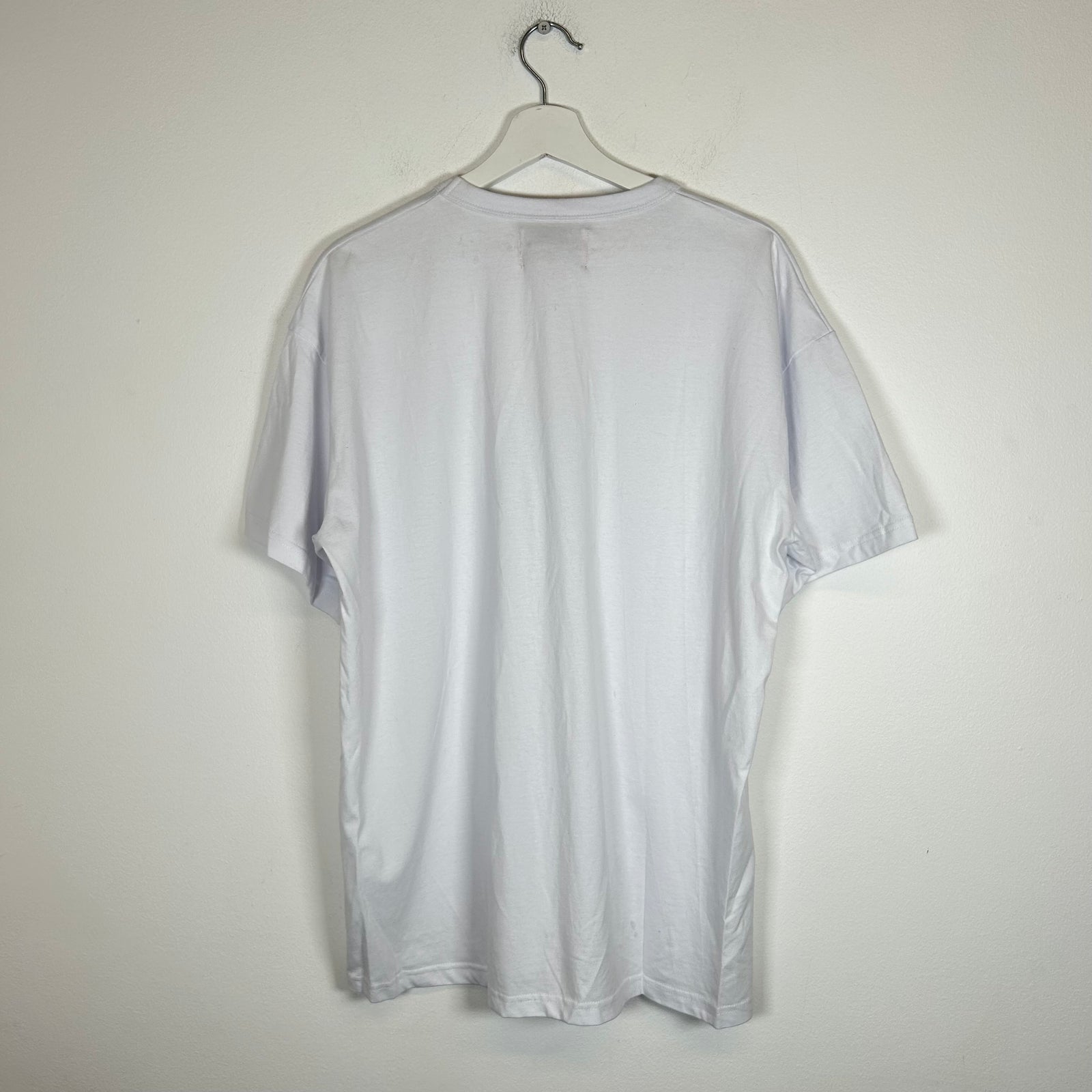 Who Decides War White Nameplate Embroidered Tee Size L