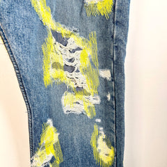Endless Denim Distressed Scar Stitch Yellow Embroidery Jeans Size 40