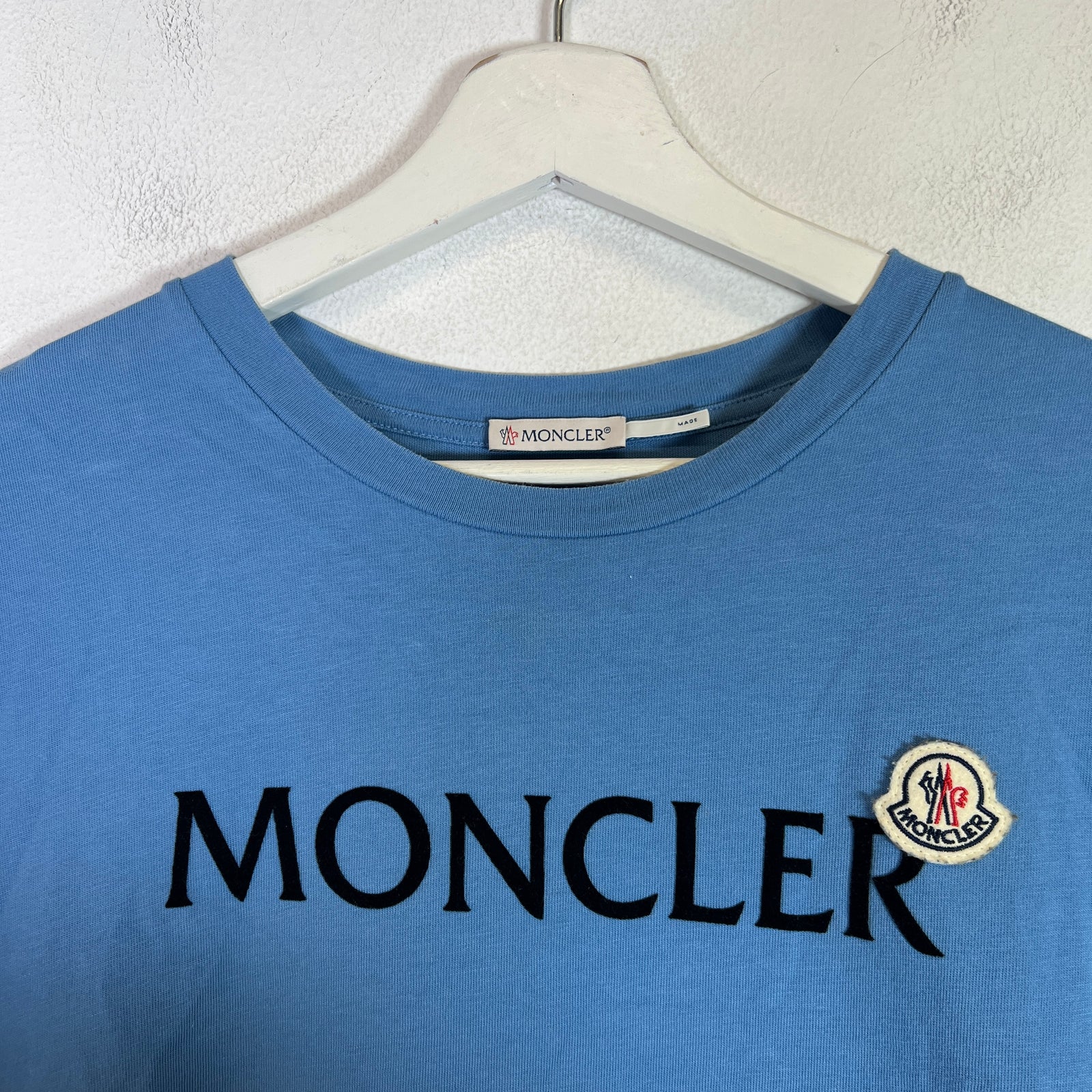 Moncler Blue Spell Out Flocked Logo T-Shirt Size L