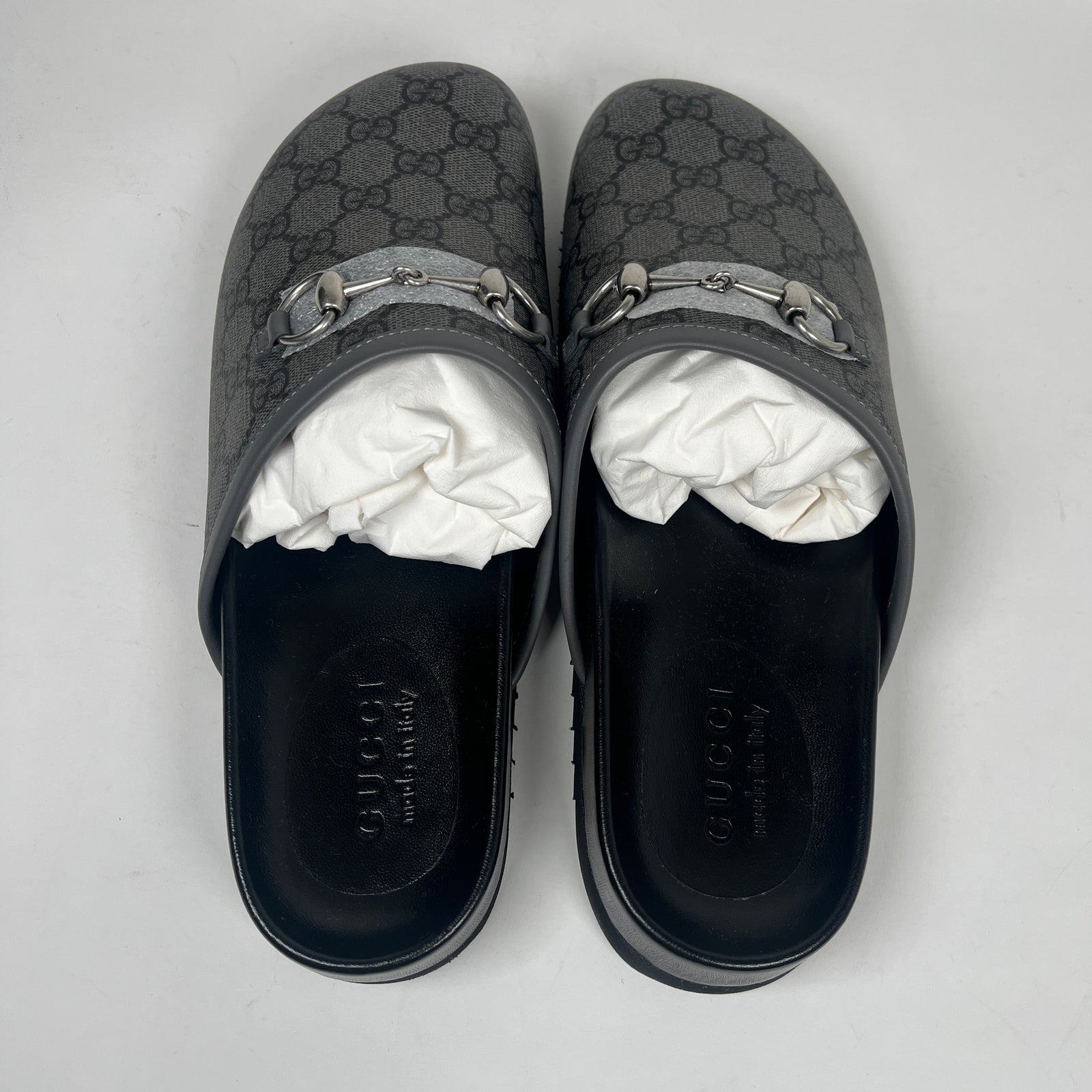Gucci GG Supreme Grey Black Horsebit Mule Size 8