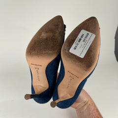 Manolo Blahnik Hangisi Jewel Buckle Denim Pumps Size 37.5