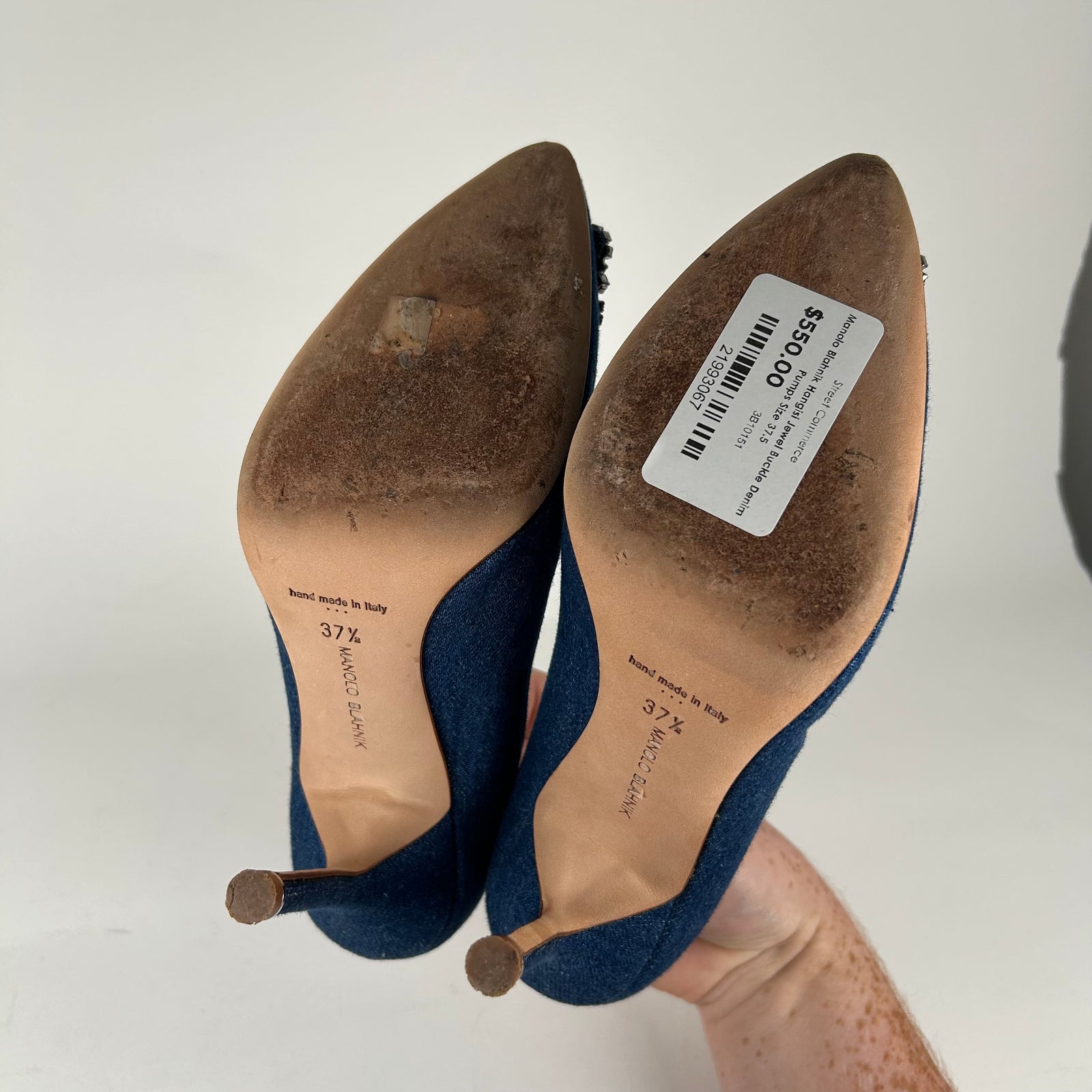 Manolo Blahnik Hangisi Jewel Buckle Denim Pumps Size 37.5