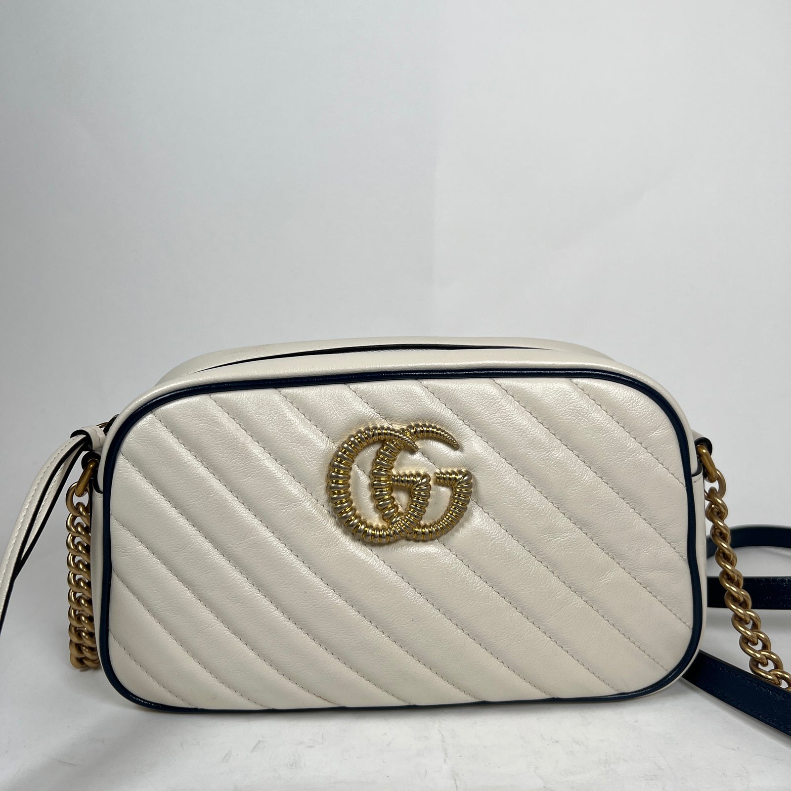 Gucci White Calfskin Diagonal GG Marmont Small Shoulder Bag