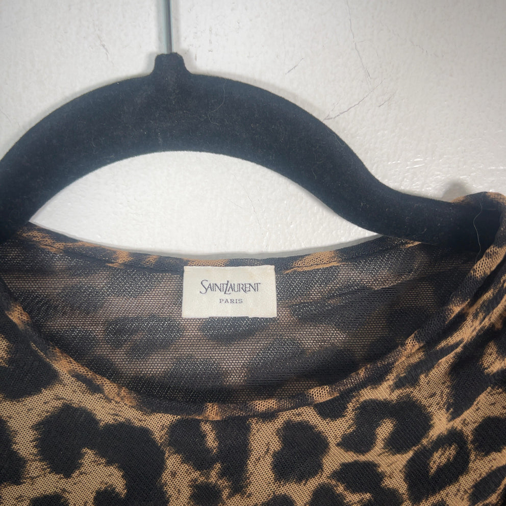 Saint Laurent Leopard Printed Ruched Mesh Mini Dress