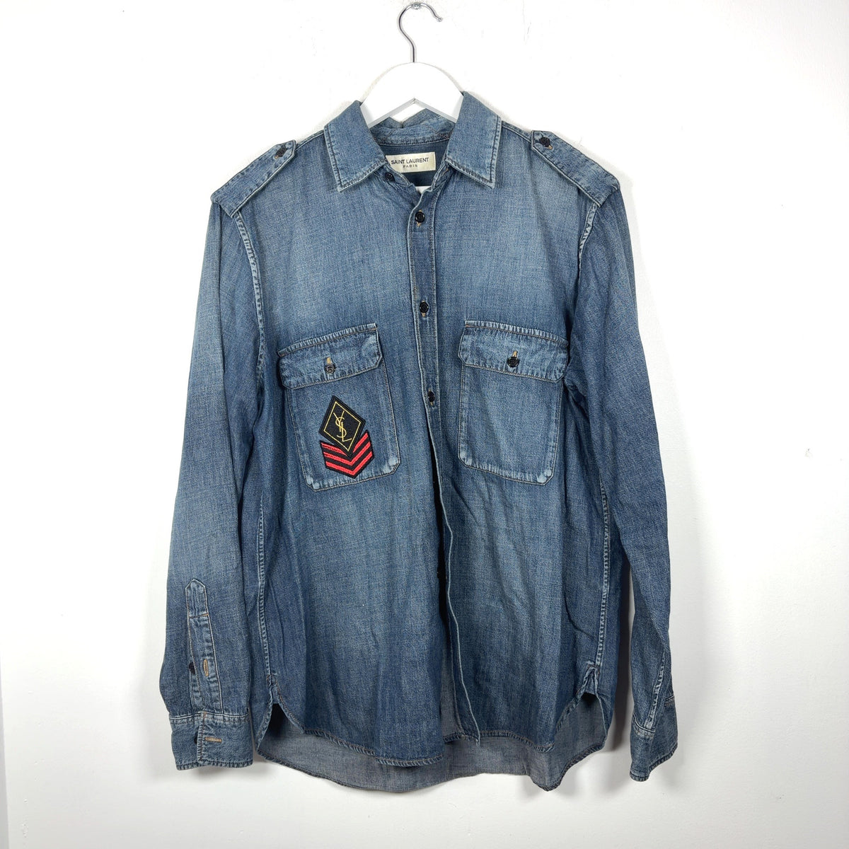 Saint Laurent FW17 Military Logo Patch Denim Button-Up T-Shirt