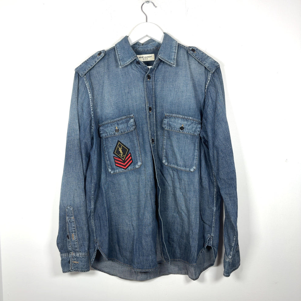 Saint Laurent FW17 Military Logo Patch Denim Button-Up T-Shirt