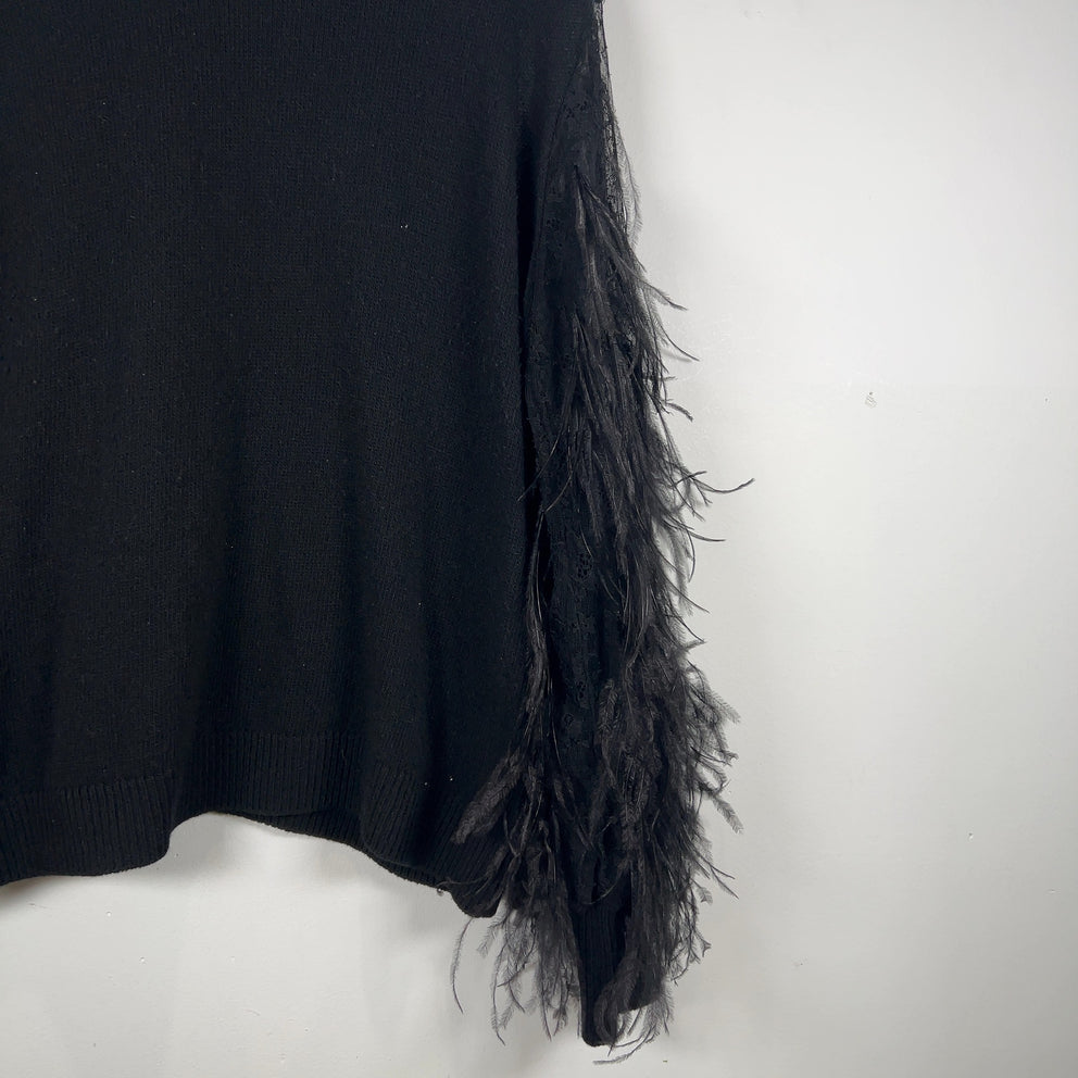 Valentino Black Cashmere Knit Feather Sleeved Crewneck Size L
