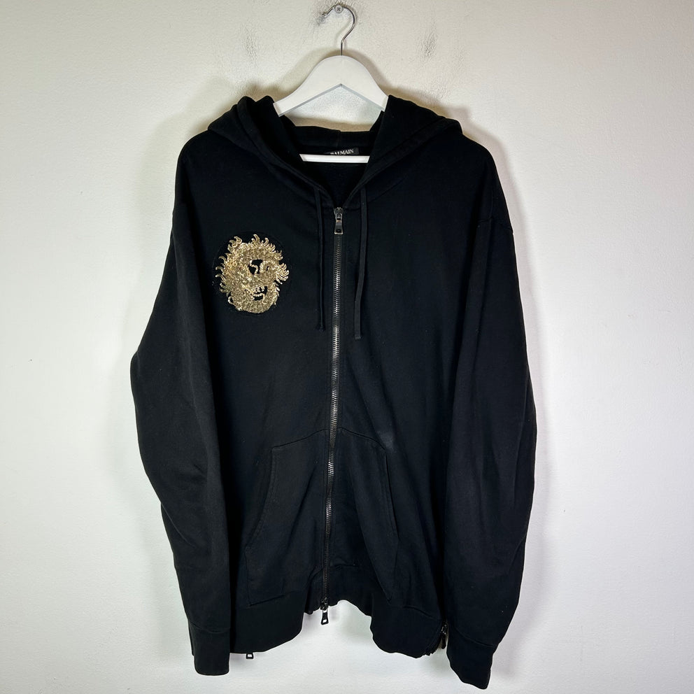 Balmain Black Dragon Embroidered Chest Logo Zip-Up Hoodie