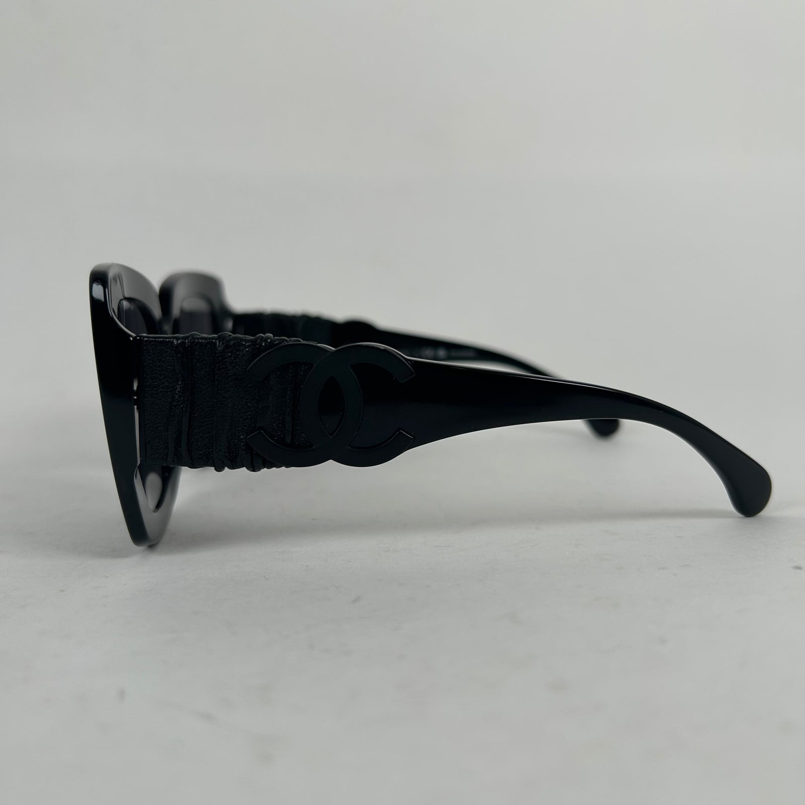 Chanel Black Acetate Calfskin Polarized Square Sunglasses