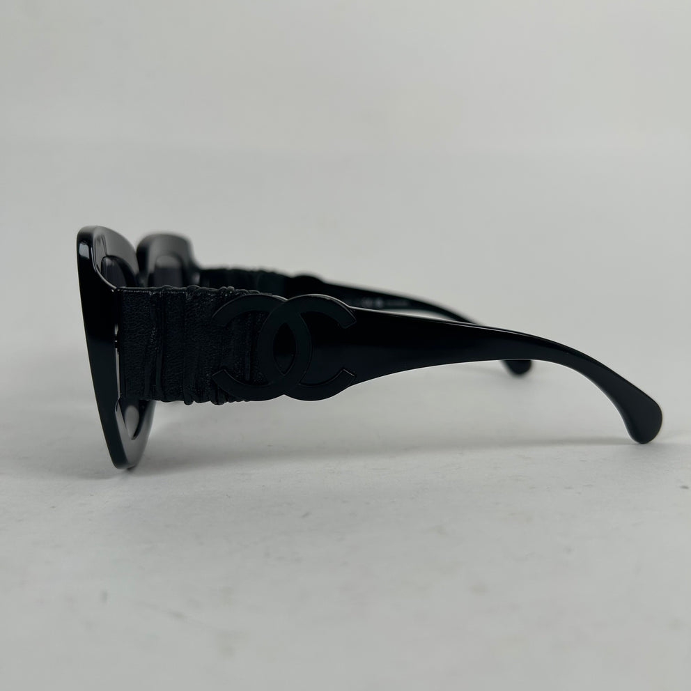 Chanel Black Acetate Calfskin Polarized Square Sunglasses