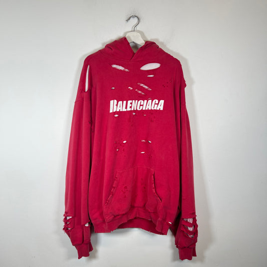 Balenciaga Red Destroyed Layered Hoodie Size XS