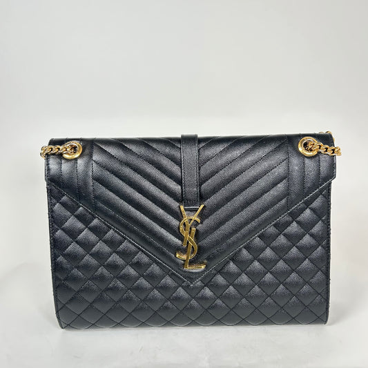 Saint Laurent Black Quilted Grain De Poudre Medium Envelope Bag