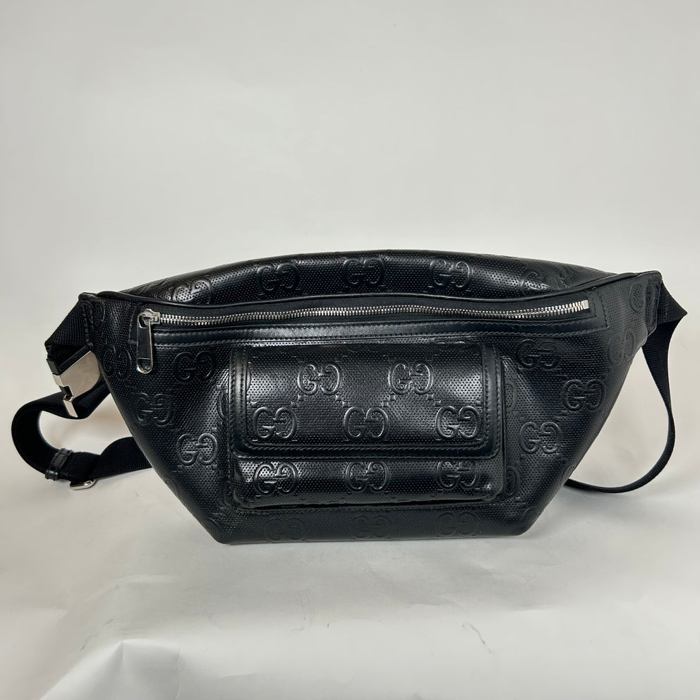 Gucci Black Jumbo GG Embossed Leather Belt Bag