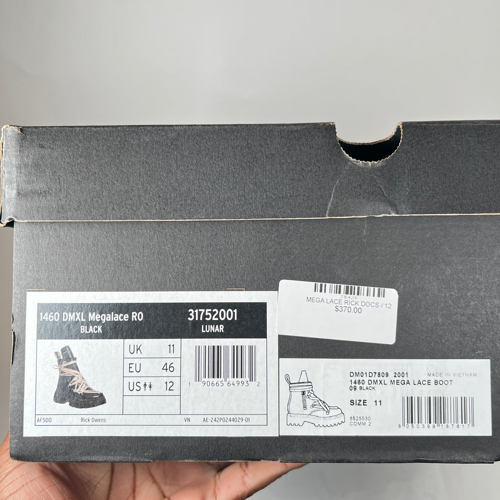 Rick Owens x Doc Marten's Black Megalace Pebbled Leather Boots Size 12