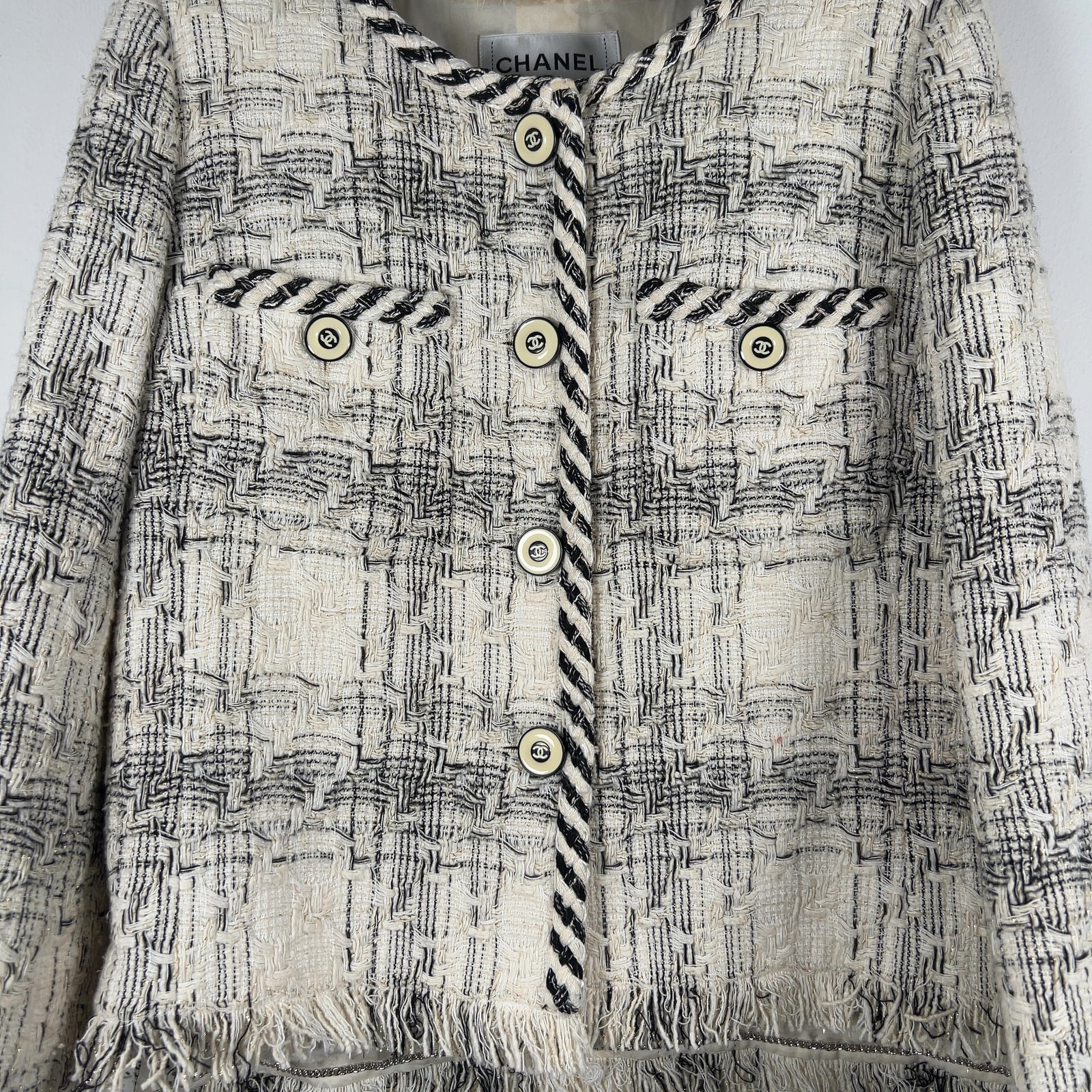 Chanel Printemps SS18 Braided Trim Ecru Tweed White/Black Size 40