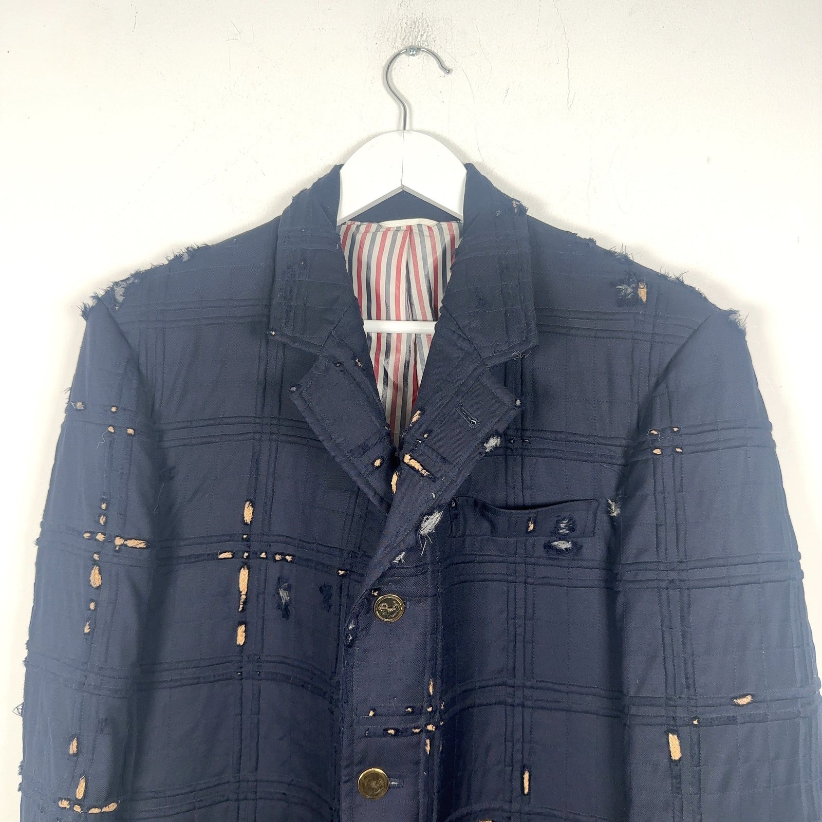 Thom Browne Tartan Check Embroidery Distressed Blazer