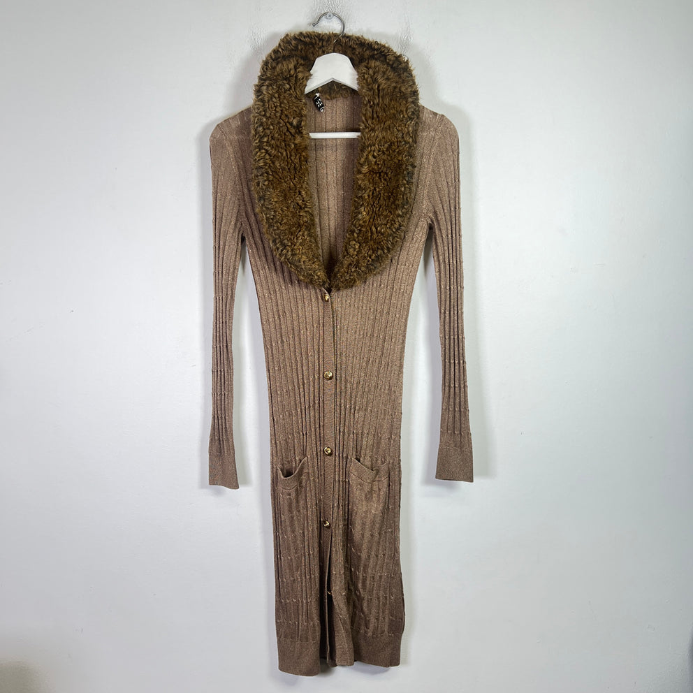 Saint Laurent Faux Fur Cable-Knit Cardigan Dress
