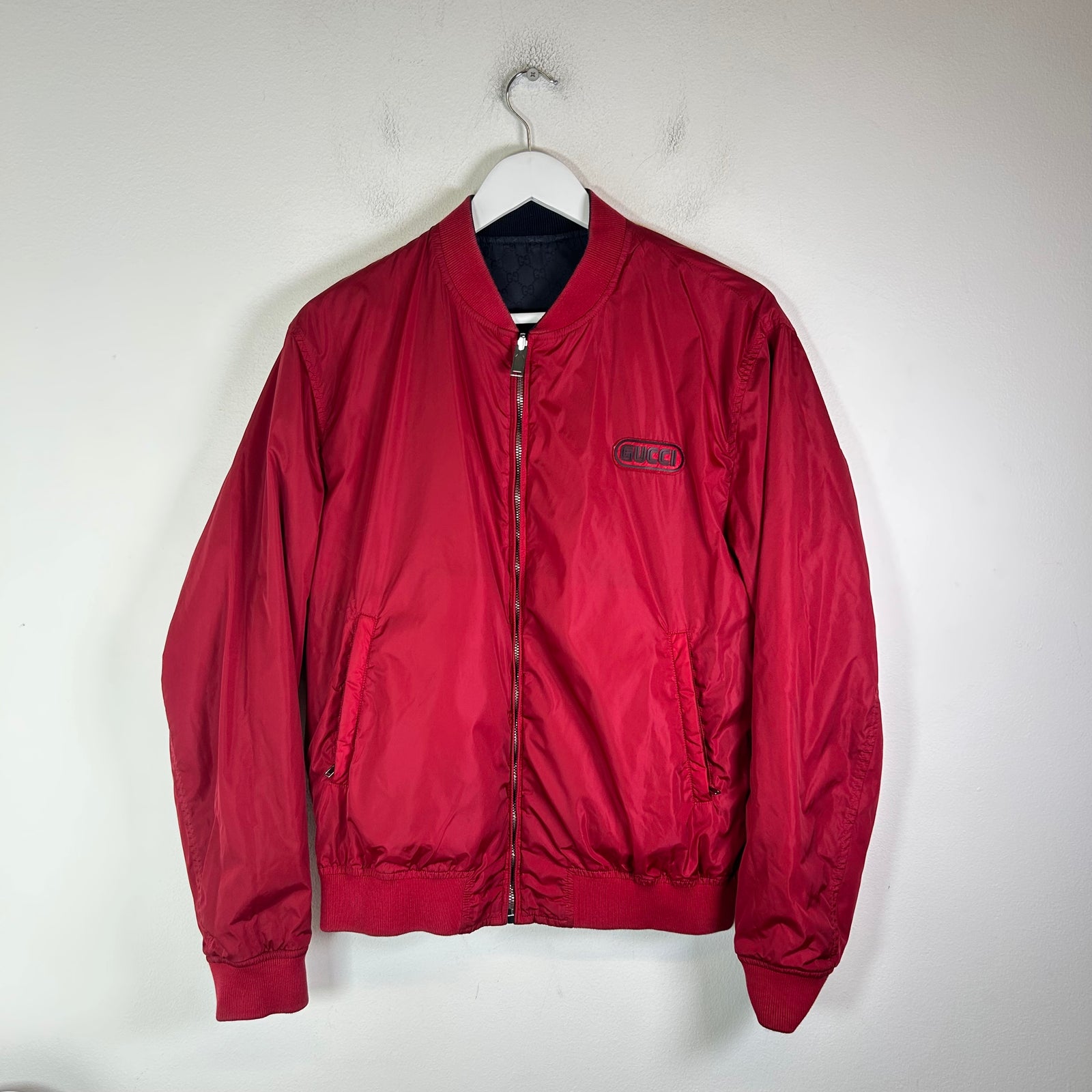 Gucci Navy/Red GG Reversible Bomber Jacket Size 46