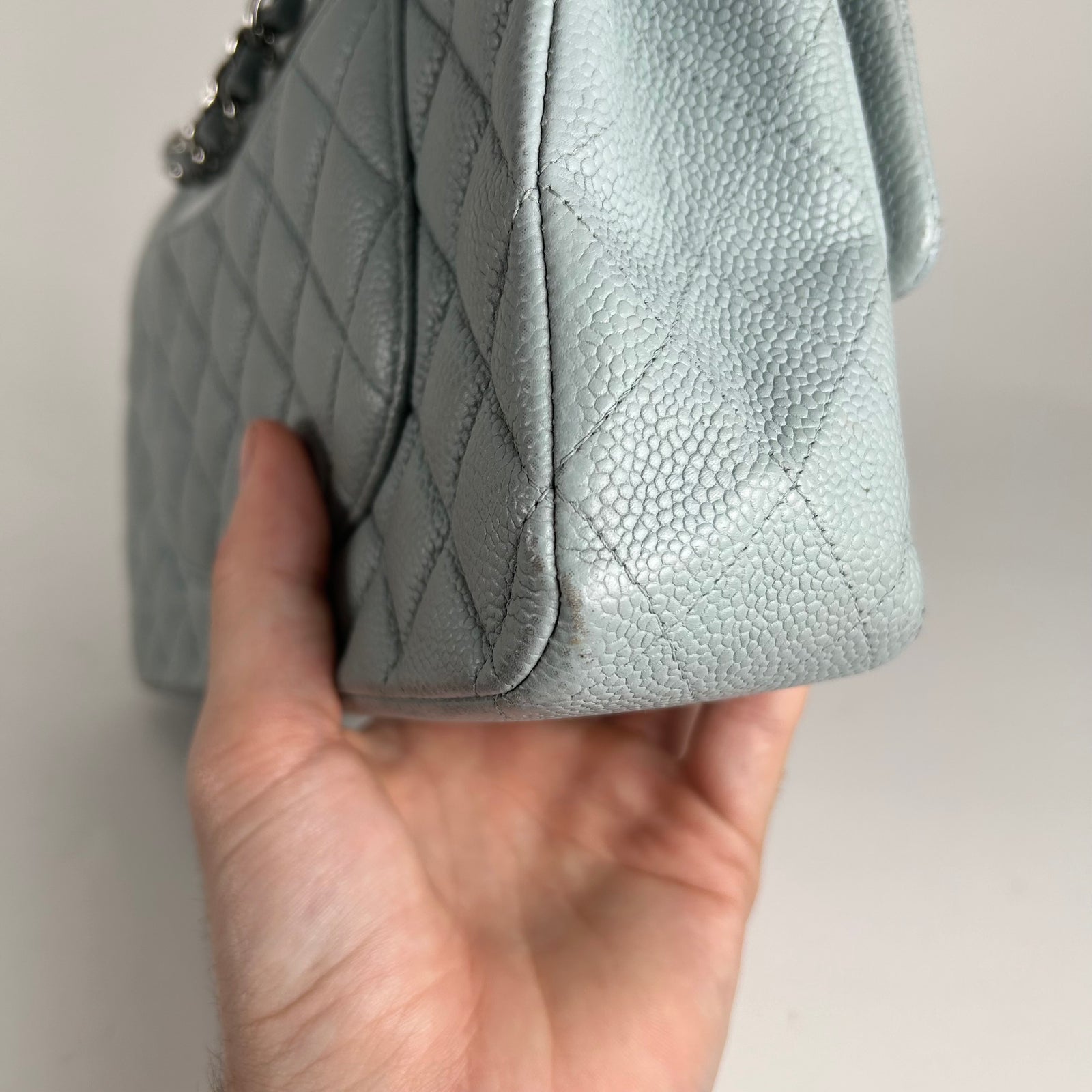 Chanel Light Baby Blue Quilted Caviar Medium Double Flap