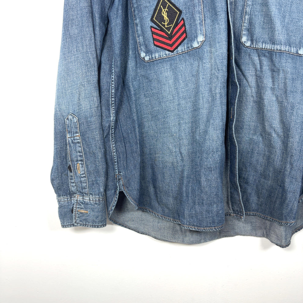 Saint Laurent FW17 Military Logo Patch Denim Button-Up T-Shirt